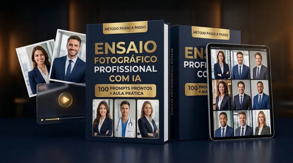 Material completo Ensaio Fotográfico Profissional com IA com catálogo de 100 prompts e aula prática passo a passo
